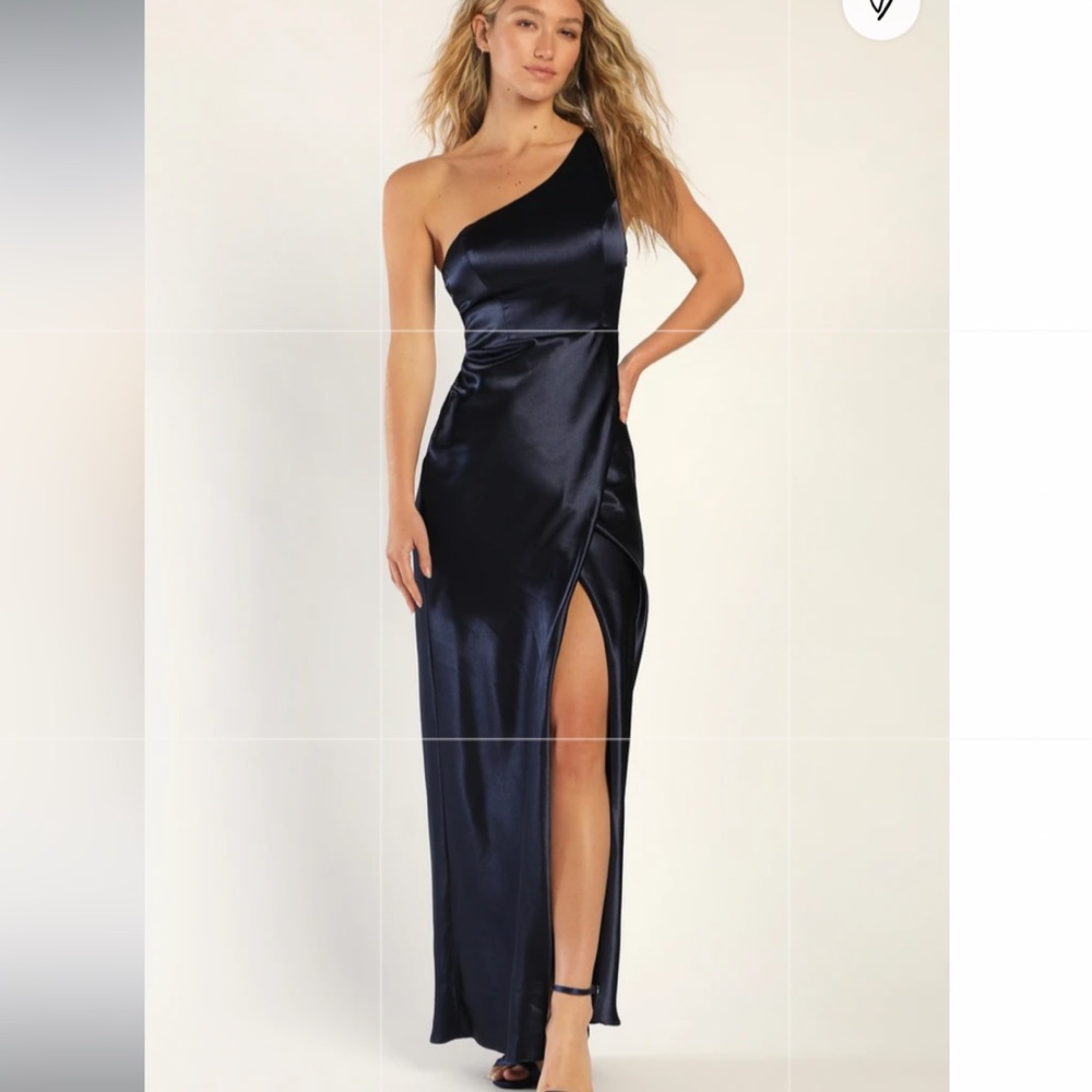 🆕 Alluring Arrival Navy Blue Satin One Shoulder Maxi Dress